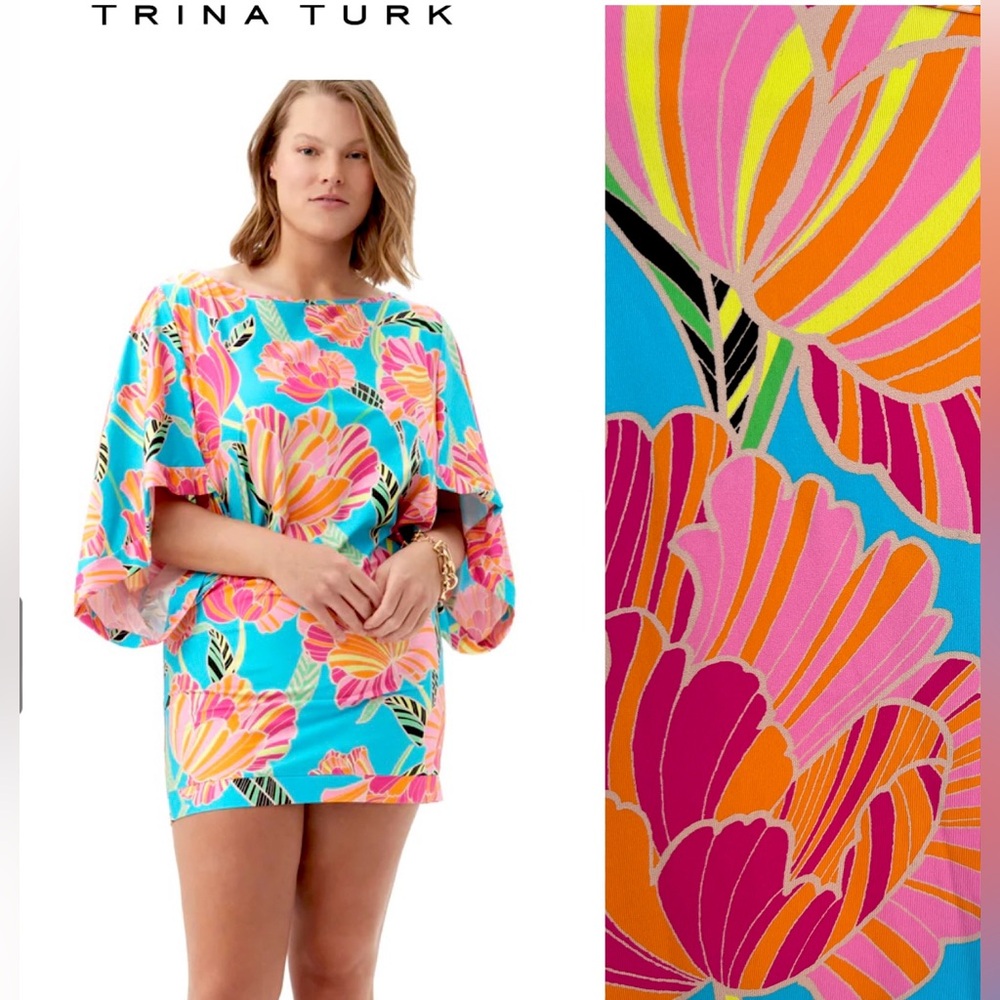 TRINA TURK POPPY KIMONO SWIM TUNIC DRESS blue pink size L ( M runs small)